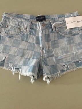 Lucky Brand Light Blue Checkered Denim Cutoff Shorts